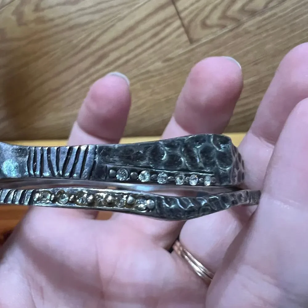 Chico's Hammered Metal Silver Tone Bangle Set 2 Pieces Crystals Accent Bracelets